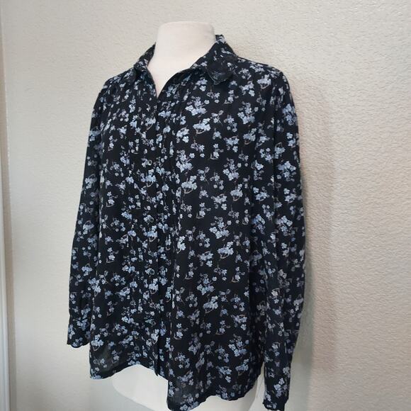 Lucky Brand Black w/Baby Blue Floral Print Button Down Size M - Picture 8 of 13